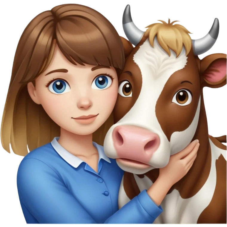 Woman with brown hair and blonde highlights, bangs in front, blue eyes, hugging a cow emoji