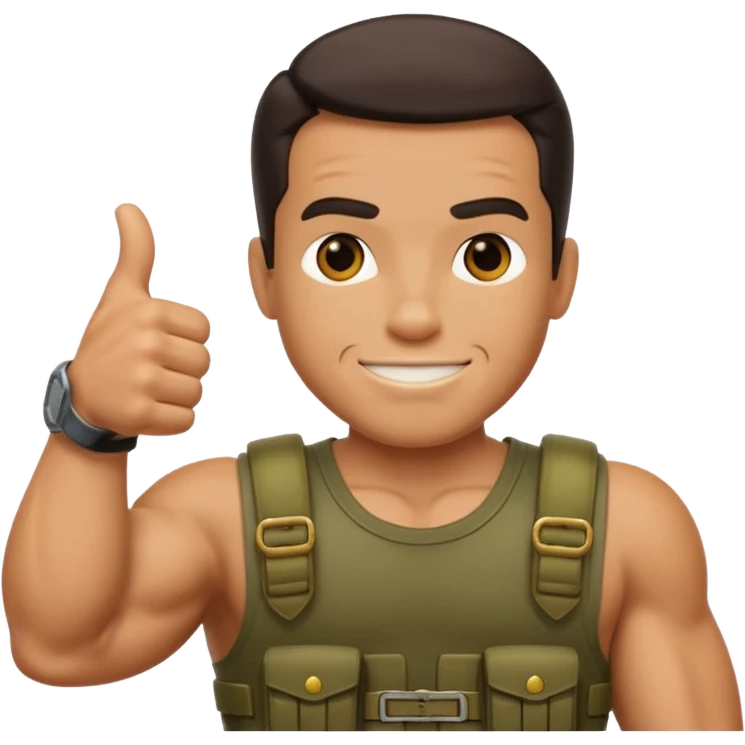 Create me emojis for commando, with Helmet and theme from that move, including arnold. For example commando thumbs up emoji