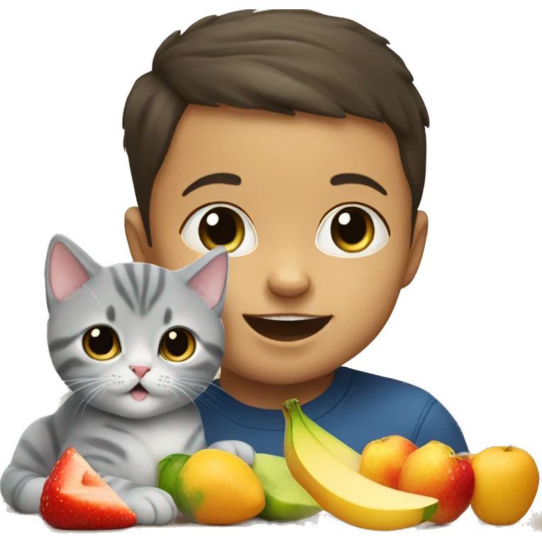 Bold baby boy eating fruits with a british shorthair cat emoji