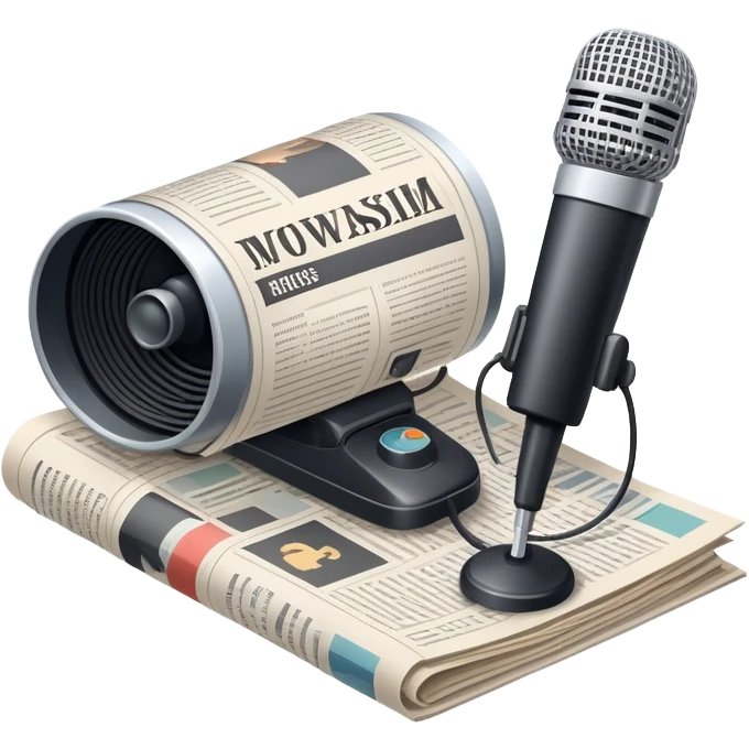 An icon featuring a microphone, a newspaper, a reporter’s camera, and soundwaves, representing journalism and mass media. The design includes headlines and imagery, symbolizing the spread of news and information. Transparent background highlights the power of communication and media. emoji