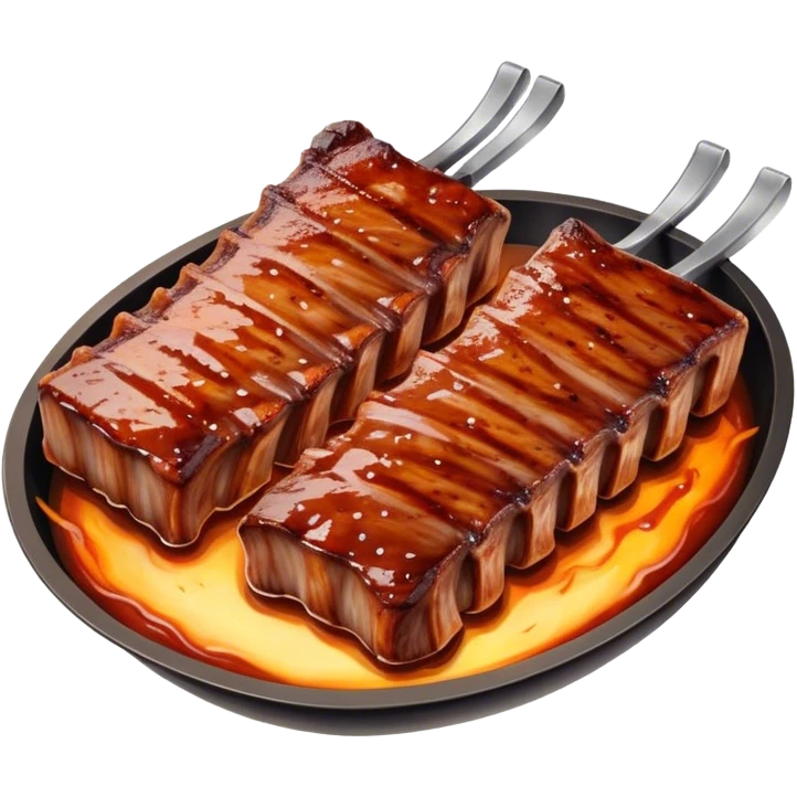 Cinematic juicy grilled ribs, glistening with smoky barbecue sauce, charred edges, tender meat falling off the bone, sizzling on a hot grill, mouthwatering and rich, warm and inviting, ultra-realistic and delicious. emoji