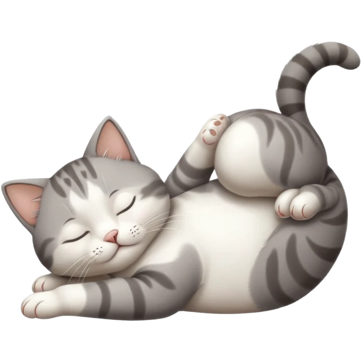 grey and white small cat eyes with closed lying down upside down with paws stretched out straight in different directions emoji