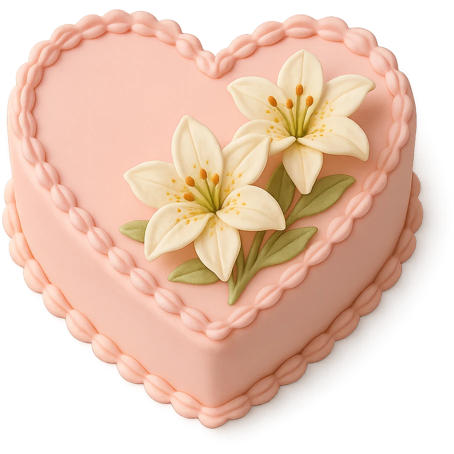 heart-shaped fondant cake with piped lilies emoji