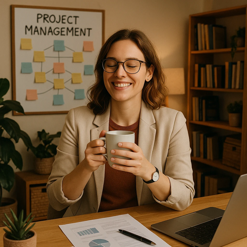 a relaxed and happy female project manager holding a coffee cup in a cozy office setting emoji
