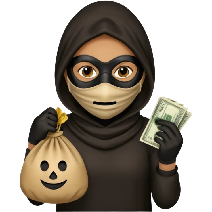 Robber emoji holding a 💰 wearing a mask that is made of robber dress emoji