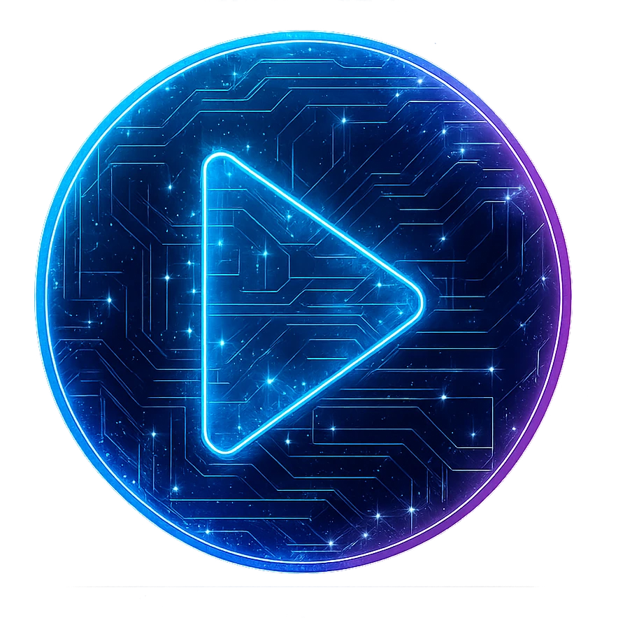 Transform the media player icon into a cyberpunk, holographic style with glowing neon blue and pink edges, circuit patterns throughout the entire icon, and a transparent background. Maintain the recognizable circular shape and play button, overlaying neon and circuit effects in a consistent futuristic, clean cyberpunk glow with intricate circuit details. emoji