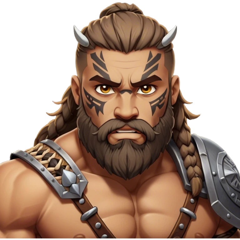 Clash of Clans aesthetic: Cinematic Rugged Barbarian Portrait Emoji, Intense and formidable with a heavily muscled physique, a rugged beard, piercing eyes and battle-worn armor adorned with tribal markings, his complexion a light tan that speaks of hard-fought battles, Simplified yet powerfully detailed features, highly detailed, glowing with a deep, primal energy, high shine, gritty and uncompromising, stylized with an air of raw, untamed power, focused and determined, soft glowing outline, capturing the essence of a barbarian warrior carved by countless battles and poised to lead his clan into epic conflict! emoji
