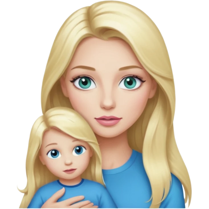 Blonde baddie with long hair Pretty makeup long lashes blue-green eyes ,   light pink lips ,holding 1 little Boy, with blue eyes emoji