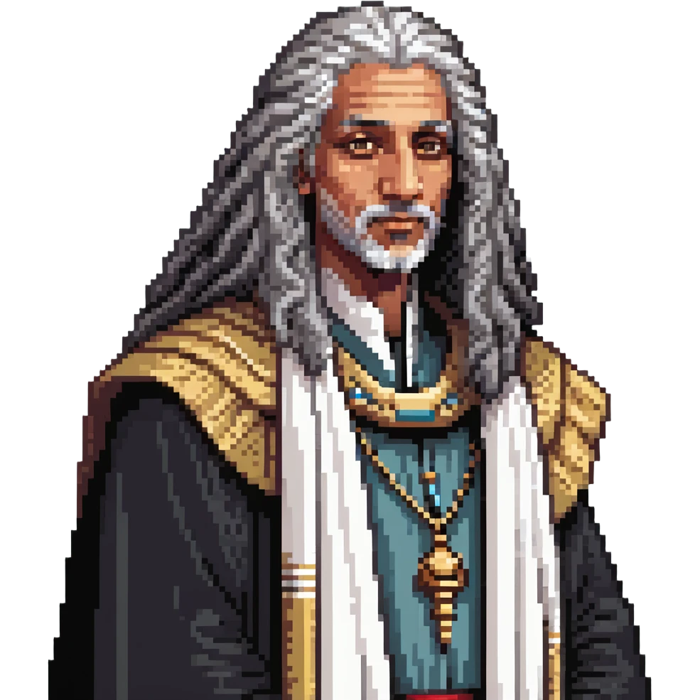profile portrait of an Egyptian historian with long curly grey hair, wearing an Egyptian cloak, large aquiline nose emoji