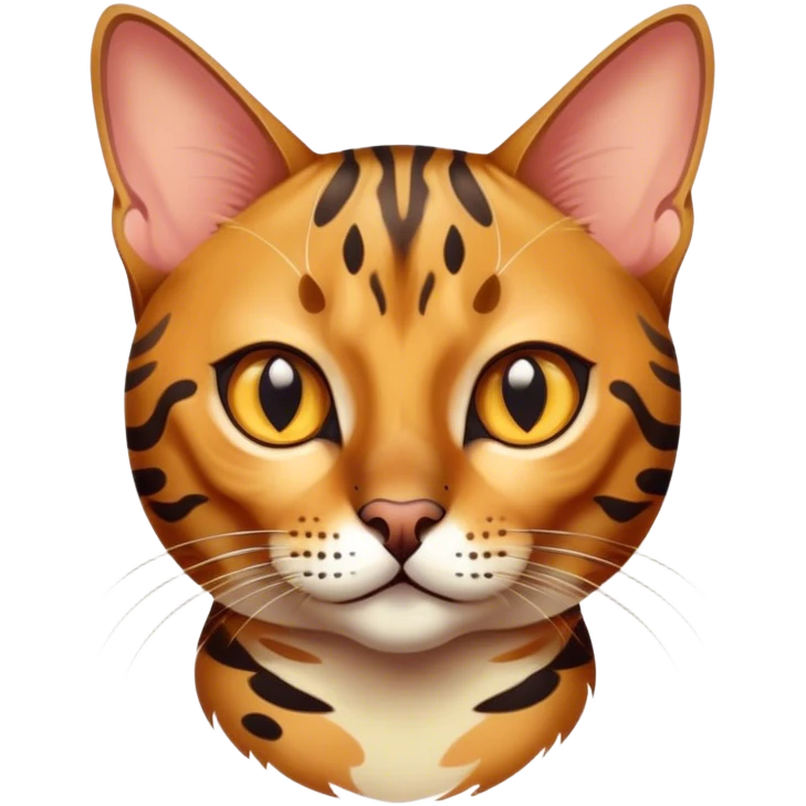 Cinematic Bengal Cat Portrait Emoji, Elegant and striking, sleek spotted brown and gold tones, Simplified yet sharp features, highly detailed, glowing with a warm, confident glow, high shine, playful and curious, stylized with an air of grace, focused and attentive, soft glowing outline, capturing the essence of agility and confidence, so lifelike it feels as though it could spring into motion at any moment! emoji