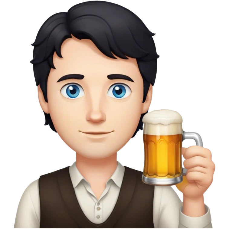 white guy blue eyes short wavy black hair holding beer emoji