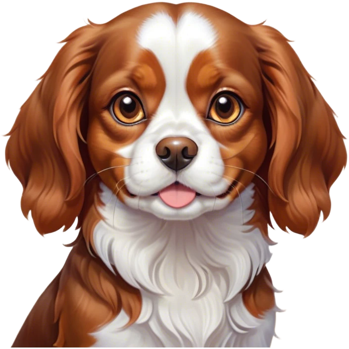 Cinematic Cute Blenheim Cavalier King Charles Spaniel Portrait Emoji, Head tilted playfully and inquisitively, silky Blenheim coat with warm chestnut and crisp white patches, round, sparkling brown eyes filled with curiosity, Simplified yet irresistibly adorable features, highly detailed, glowing with a warm, friendly glow, high shine, affectionate and lively, stylized with a touch of whimsy, bright and endearing, soft glowing outline, capturing the essence of a mischievous yet loving pup, so playful it feels like it could pounce out of the screen and into your arms! emoji