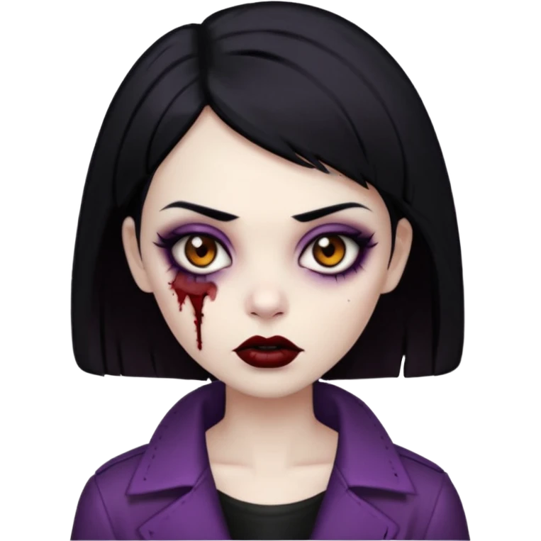 Faça uma zombie com olhos castanhos, cabelos pretos liso e curto e com estilo baddie emoji