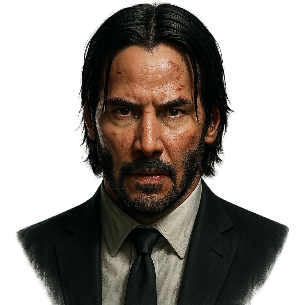 John Wick head, intense expression, dark hair, beard, suit collar, cinematic style, realistic details, minimal background emoji