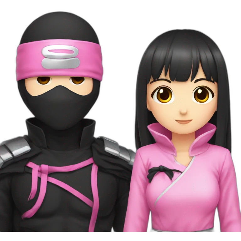 cute anime girl with pink ninja clothing along side a man ninja with black clothing and holding hands emoji