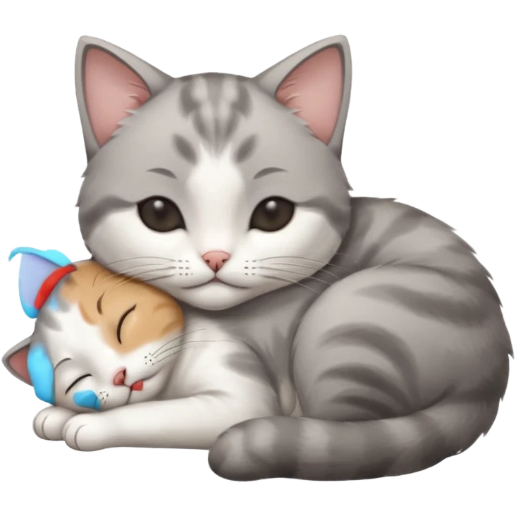 grey and white small cat with its eyes closed lying down leaning on his elbow with his paw curled under his head holding it up emoji