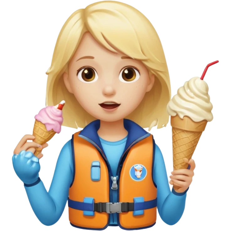 girl blonde kid wearing lifejacket, eating ice cream emoji