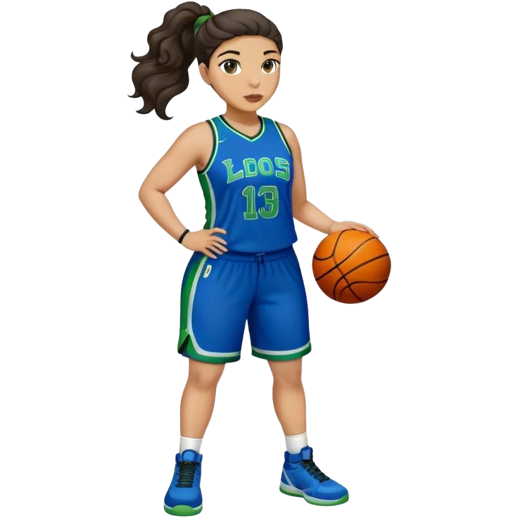 full body plus size light skin latino women basketball player with wavy dark hair in pony tail wide nose wearing blue uniform with green accent emoji