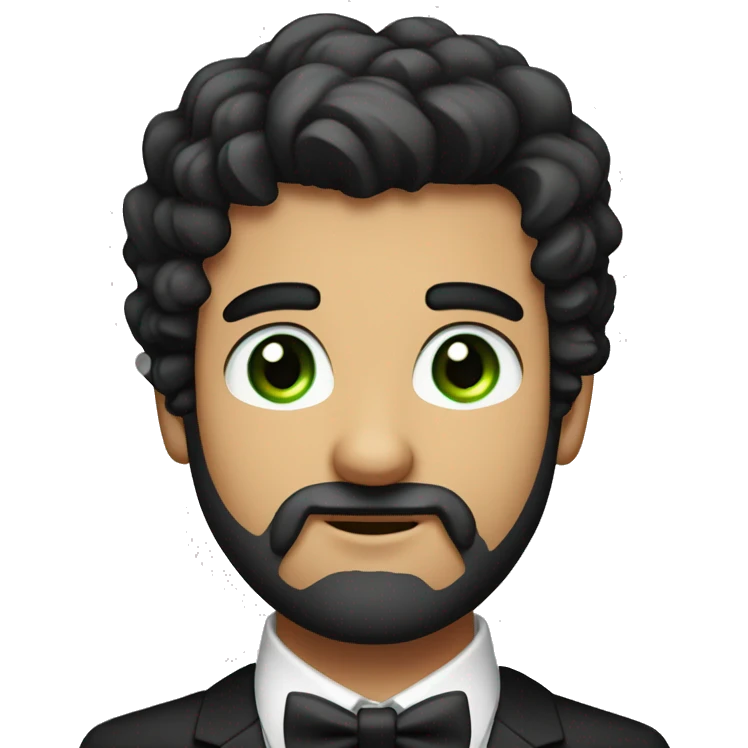 Young round face handsome man with bow tie and green eyes and full beard, black hair , bushy eye brows emoji
