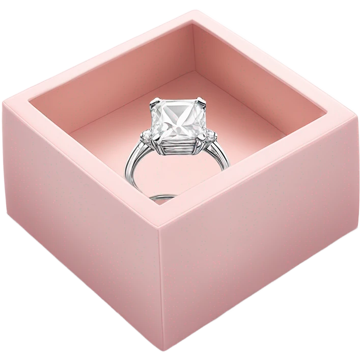 a luxurious all-white diamond ring placed inside an open, elegant square light pink box, shown from a side view. Use bold outlines, a glossy finish emoji