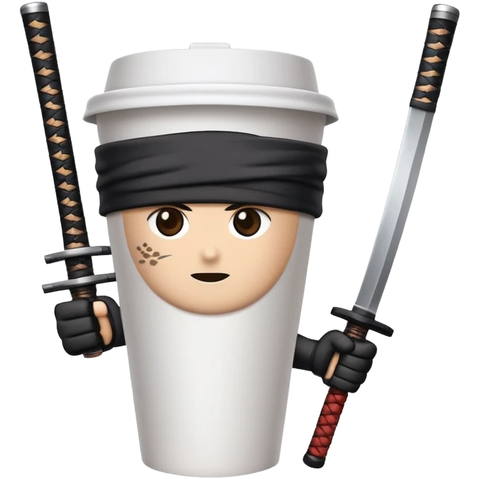 A paper coffee cup with arms and eyes, wearing a black ninja headband and wielding a samurai katana emoji