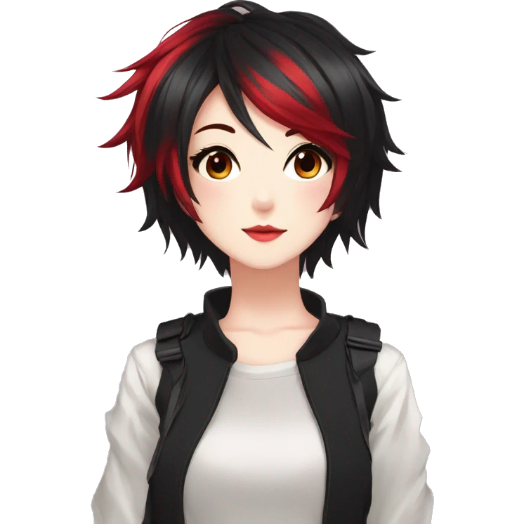 Gorgeous anime style tomboy-lady with blushing face aesthetic and pretty edgy black red punk hair with hair garment trending style emoji