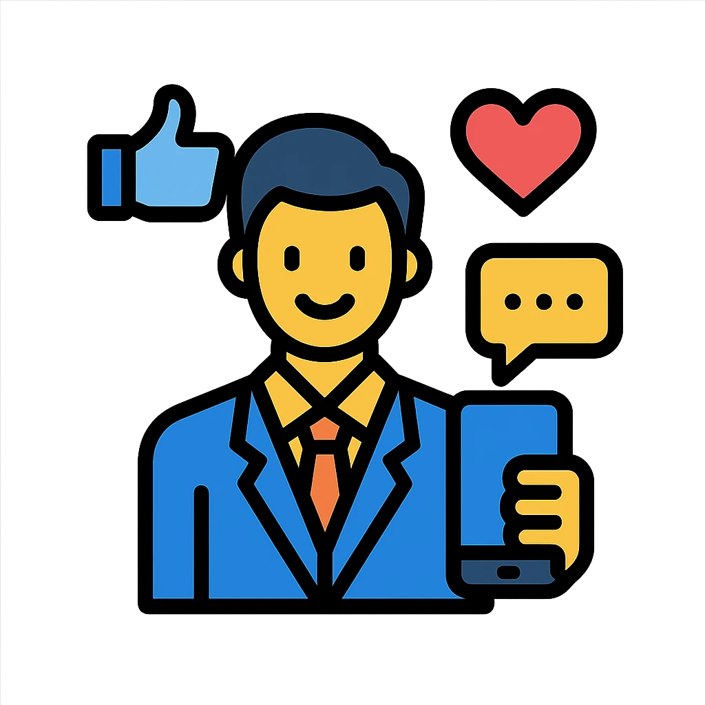 modern icon of a social media marketer person holding a smartphone surrounded by social media icons like thumbs up, heart, and chat bubble, clean professional style emoji