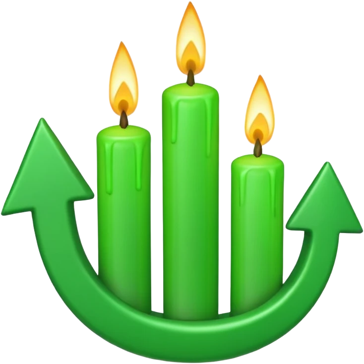 iOS-style 3D emoji: rising green candlestick chart with an upward-pointing arrow emoji