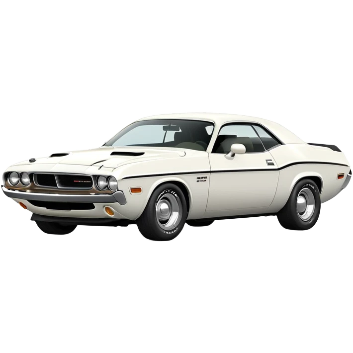 Precisely proportioned white 1971 Dodge Challenger, consistent 30-degree angle showing correct perspective of front and side, authentic muscle car structure, completely white exterior, iOS emoji style emoji