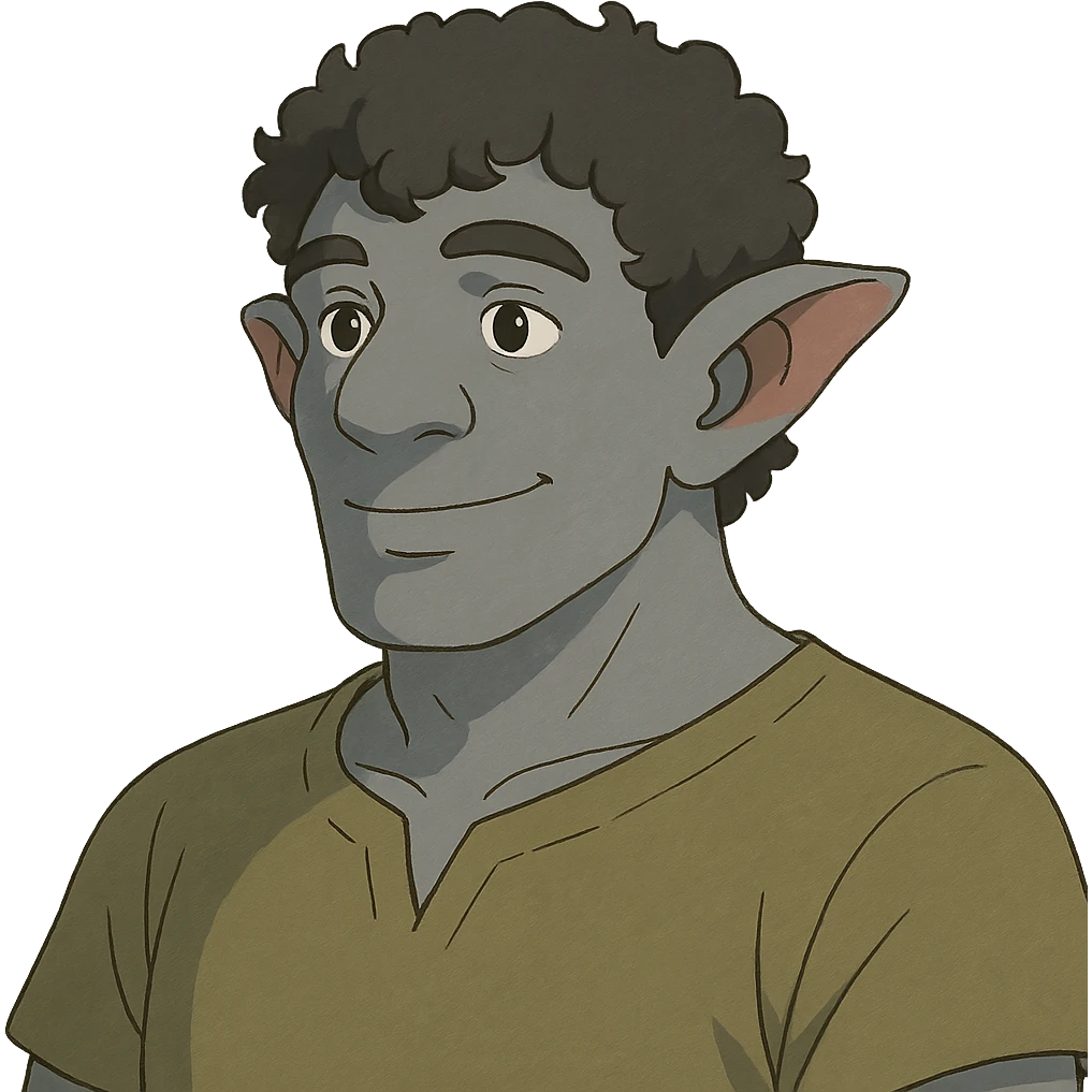firbolg from DnD with gray skin, black curly hair, clean-shaven face, no beard in ghibli style emoji