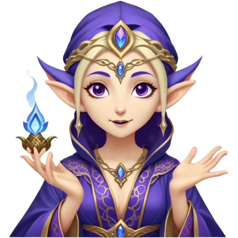 Cinematic Realistic WoW Elf Mage Portrait, head tilted dramatically with an exaggeratedly amused expression, blending timeless arcane wisdom with a touch of unexpected playfulness. Her luminous, porcelain-like skin and delicate features, complemented by an intricately detailed robe in deep blues and purples with golden filigree, are rendered with lifelike texture and dynamic magical lighting, high shine, dramatic yet whimsical, capturing the essence of an elven mage whose epic mastery is tinged with charming irreverence. emoji