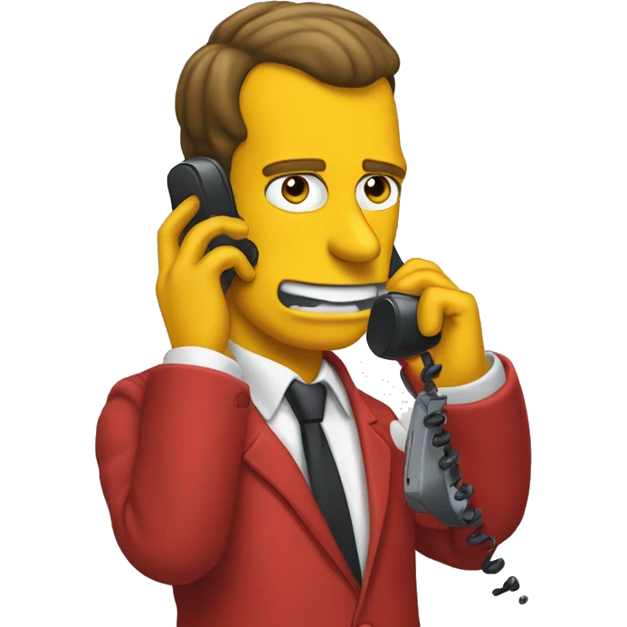 Macron in simpson style dressed as camrom red outfit making a phone call on a flip phone emoji