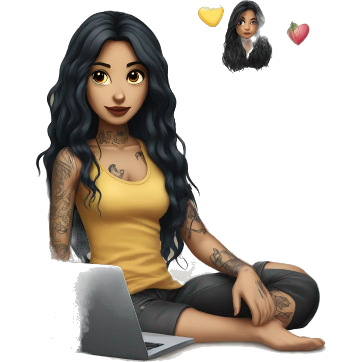 beautiful girl with long black hair, with laptop, with tattoos  emoji
