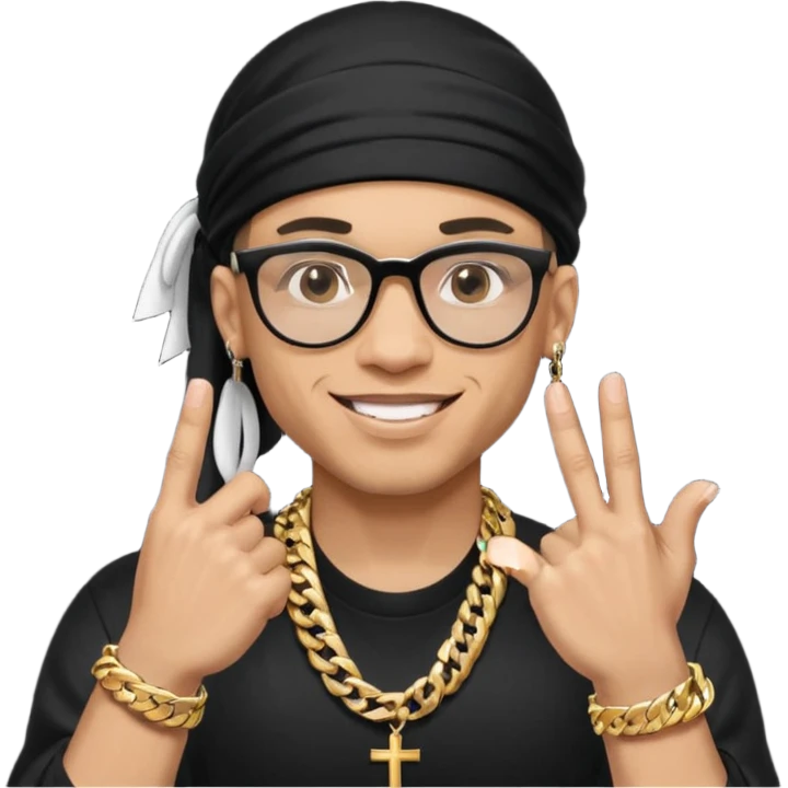 lightskin man with a black durag,a cuban link chain,glasses, and smiling flexing grills with crossed arms but with one arm up and pinky finger touching grills  emoji