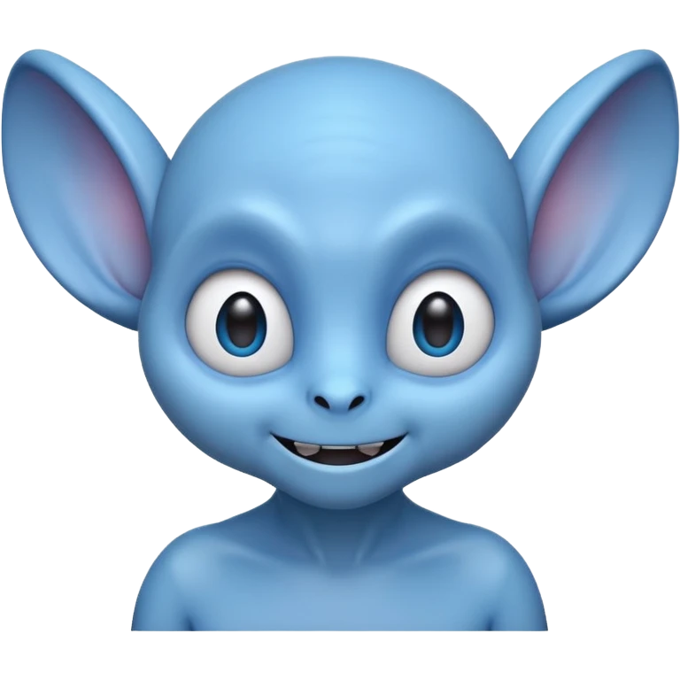 friendly but wild blue alien emoji with big floppy ears, sharp teeth, wide eyes, mischievous smile, 3D Apple/WhatsApp style, round head, soft shading, bold outlines emoji