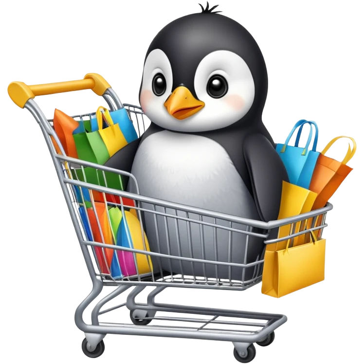 cute baby penguin sitting in a shopping cart filled with shopping items and colorful shopping bags emoji