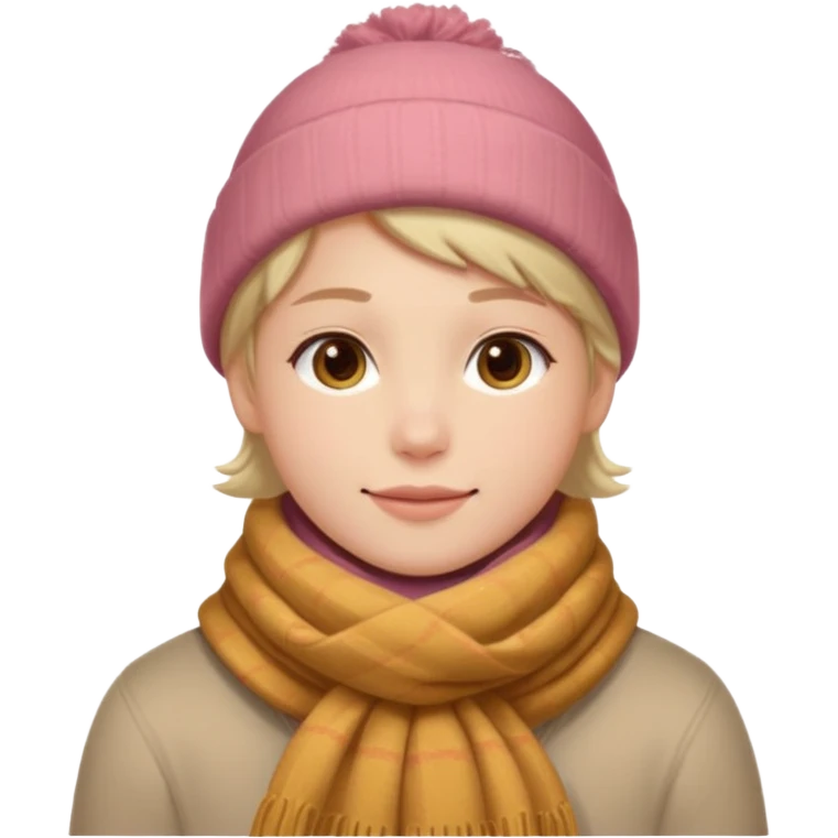 Fantasy human portrait emoji, warm winter scarf around neck, cozy holiday mood, slightly rosy cheeks, simple clean design, no hat, readable emoji style, male/female variant
 emoji