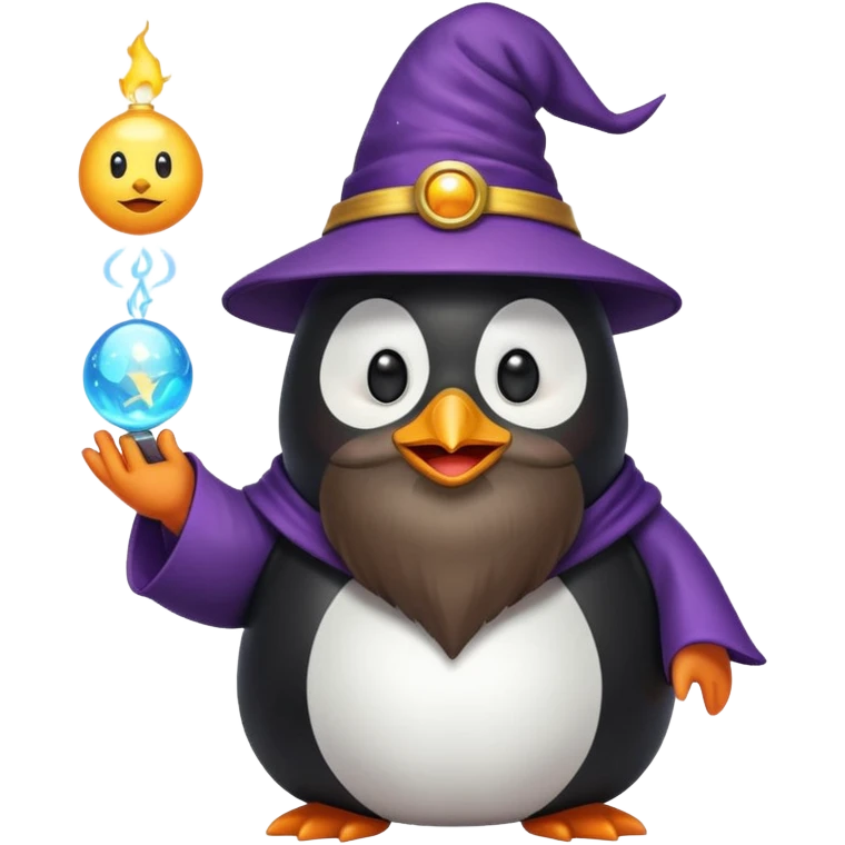chubby penguin wizard with a long beard holding a glowing orb, emoji style emoji