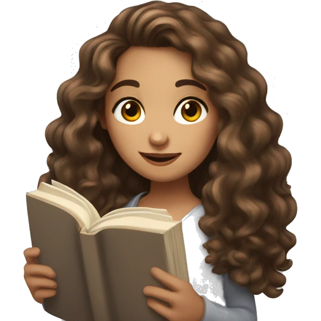 girl with long curly brown hair, she has light, white skin, two moles on her right cheek, brown eyes, looks at an open book in her hands emoji