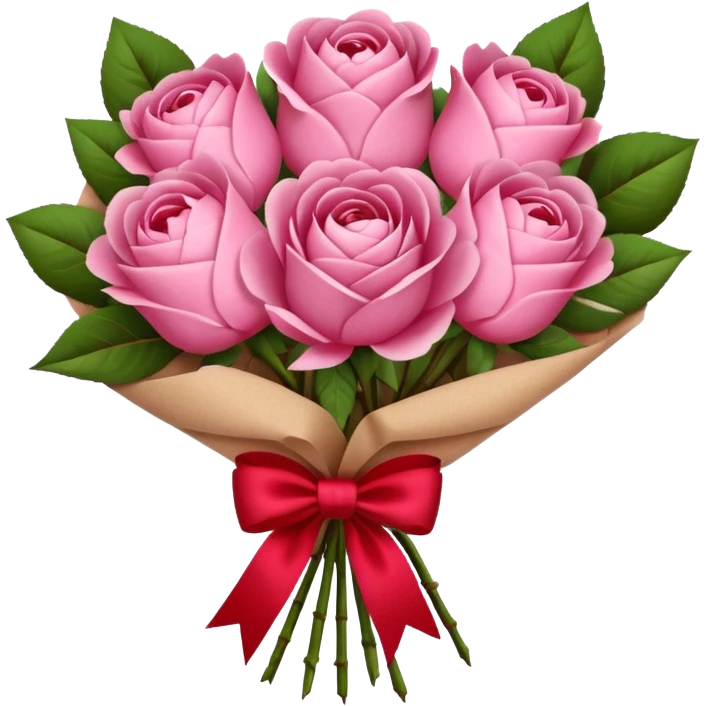 Bouquet of pink flower like rose and peony wrapped in kraft paper with red bow emoji