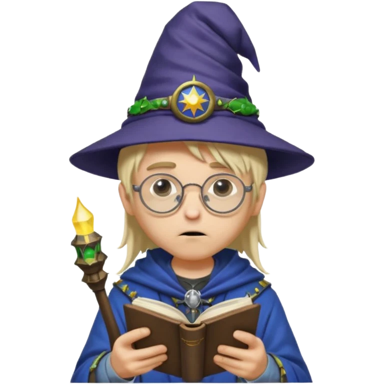["A sad boy with light skin, straight hair, wearing a wizard hat and round glasses, dressed in punk fashion, is reading a book while holding a phone."] emoji