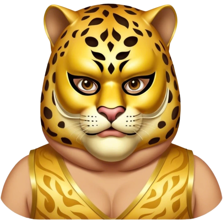 a fat man, with a vest,  wear half-face golden panther masquerade mask emoji