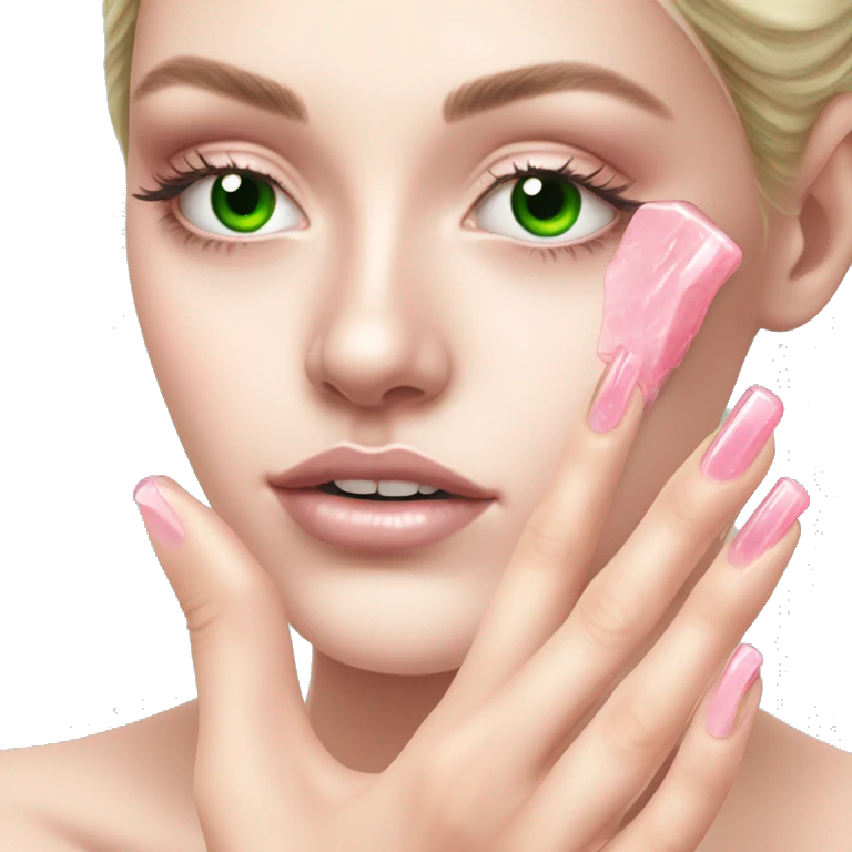 White Girl hand pink nails holding pink Gua sha and green eyes emoji