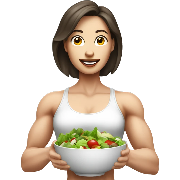 Muscle brunette girl with pale skin eating salad emoji