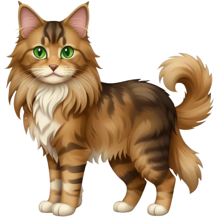 A light brown and black long haired Maine coon cat with green eyes with a chibi full body emoji