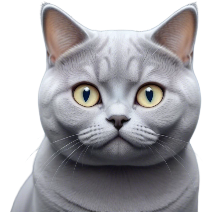 Cinematic Cute Bored Grey British Shorthair Cat Portrait Emoji, Head tilted slightly with a scrunched, bored expression, sleek soft grey fur with subtle blue undertones, Simplified yet adorable features, highly detailed, glowing with a soft, friendly glow, high shine, curious but clearly uninterested, stylized with a touch of whimsy, soft glowing outline, capturing the essence of a bored yet irresistibly cute kitty, so endearing it feels like it could tilt its head and let out a dramatic sigh at any moment! emoji