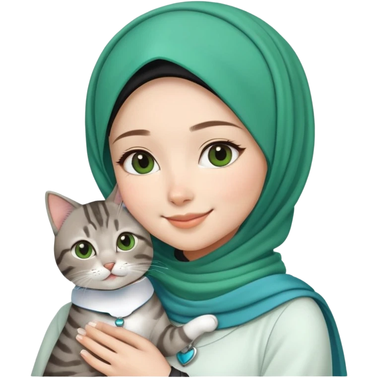 Asian White girl wearing cute green hijab wearing white dress holding a black grey tabby cat while smiling. The cat is wearing a blue collar emoji