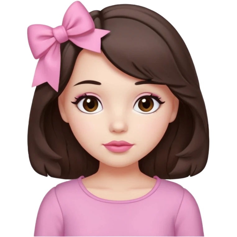 A cute slightly plump, fair-skinned girl with loose, slightly wavy, layered shoulder-length hair, dark brown eyes, and light pink lips. She wears coquette pink clothes, a small pink bow, and slightly rosy cheeks. emoji