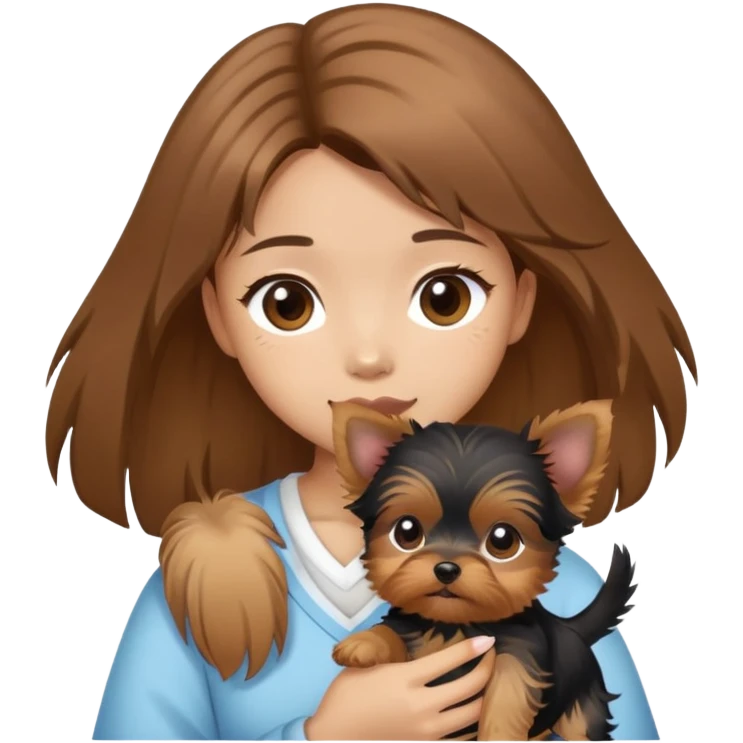 a brown-haired asian girl with a yorkie puppy emoji