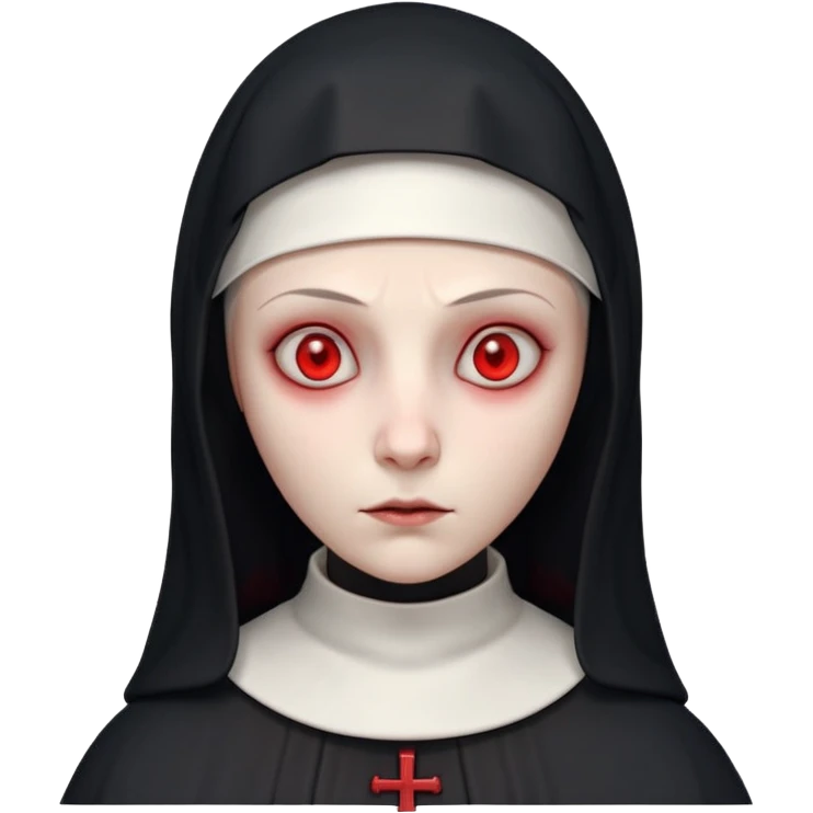 cursed village nun portrait, head and shoulders only, dark hood, mysterious expression, red accents, eerie glow, 3D cartoon, mobile game icon style, clean background, no text, no watermark

 emoji